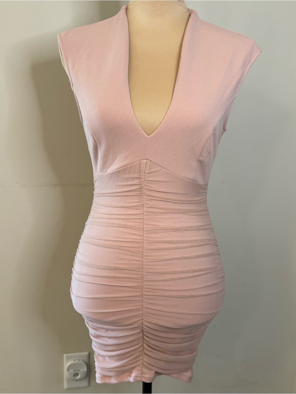 Privy blush pink sleeveless ruched body con mesh mini dress SM